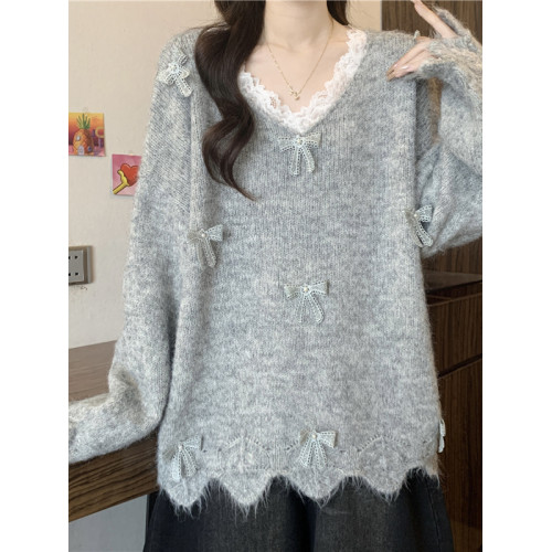 巨好看蕾絲V領灰色毛衣秋季2025新款大碼女裝胖mm長袖針織衫上衣