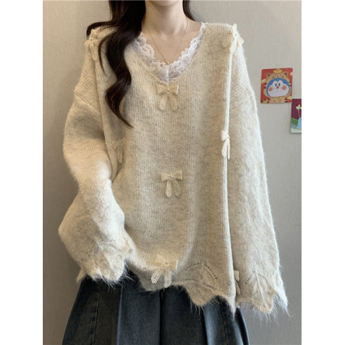 巨好看蕾絲V領灰色毛衣秋季2025新款大碼女裝胖mm長袖針織衫上衣