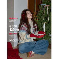 吵吵家聖誕連帽厚毛衣開衫秋冬女米色費爾島毛衫加厚長袖毛織外套