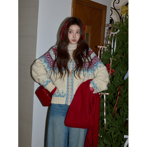 吵吵家聖誕連帽厚毛衣開衫秋冬女米色費爾島毛衫加厚長袖毛織外套