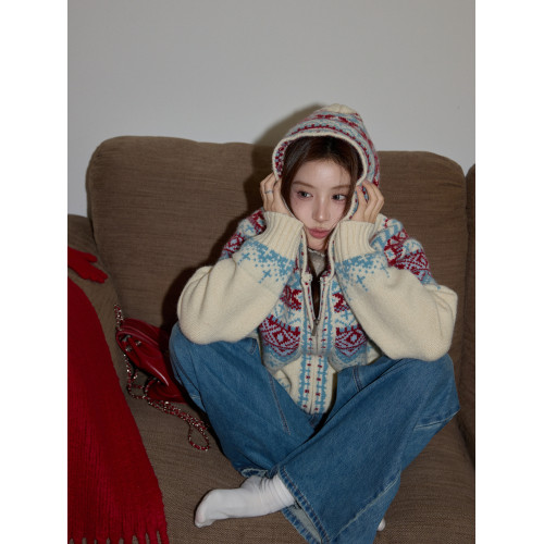 吵吵家聖誕連帽厚毛衣開衫秋冬女米色費爾島毛衫加厚長袖毛織外套