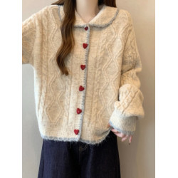 韓系慵懶風娃娃領正肩毛衣外套女2025秋季大碼胖mm愛心釦針織開衫