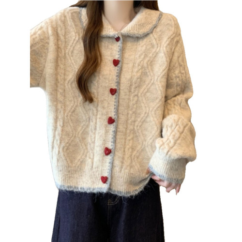 韓系慵懶風娃娃領正肩毛衣外套女2025秋季大碼胖mm愛心釦針織開衫