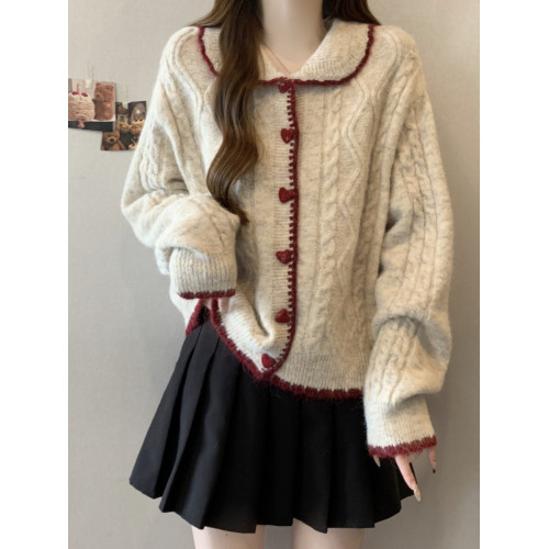 韓系慵懶風娃娃領正肩毛衣外套女2025秋季大碼胖mm愛心釦針織開衫