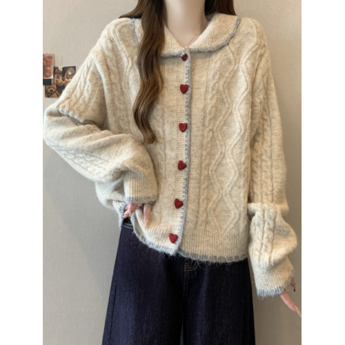 韓系慵懶風娃娃領正肩毛衣外套女2025秋季大碼胖mm愛心釦針織開衫