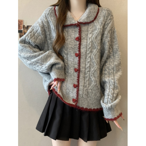 韓系慵懶風娃娃領正肩毛衣外套女2025秋季大碼胖mm愛心釦針織開衫