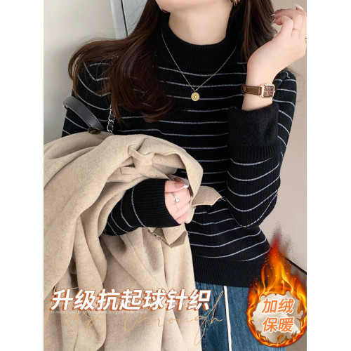 加絨毛衣女冬季加厚2025新款條紋秋冬內搭打底衫半高領一體絨上衣