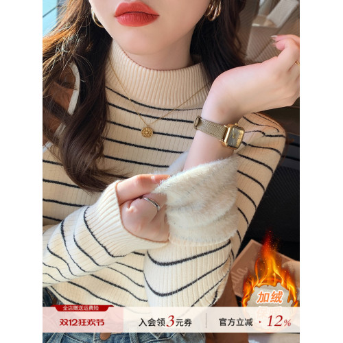 加絨毛衣女冬季加厚2025新款條紋秋冬內搭打底衫半高領一體絨上衣