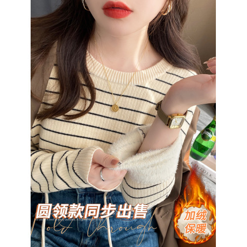 加絨毛衣女冬季加厚2025新款條紋秋冬內搭打底衫半高領一體絨上衣