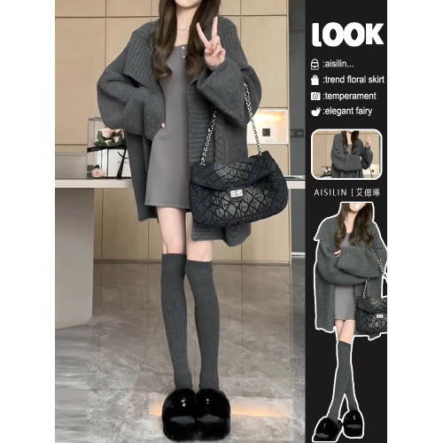 灰色慵懶風毛衣外套女秋冬季2025新款高級感寬松加厚針織開衫上衣