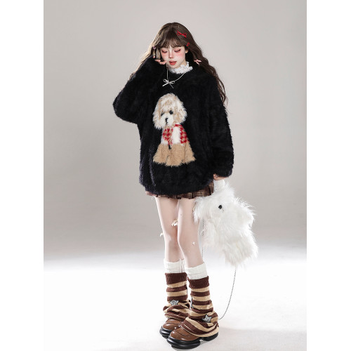 卡通小狗馬海毛套頭毛衣女秋冬新款慵懶風軟糯水貂絨休閒針織上衣