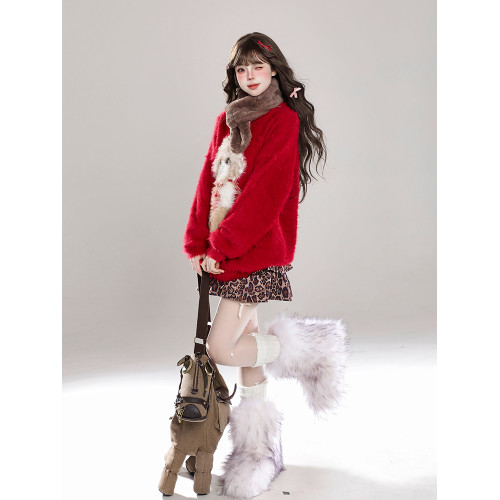 卡通小狗馬海毛套頭毛衣女秋冬新款慵懶風軟糯水貂絨休閒針織上衣