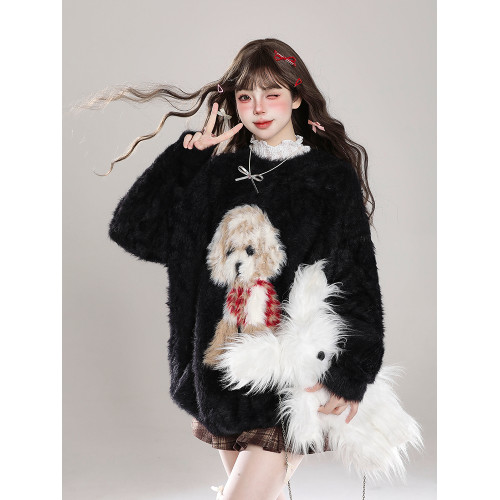 卡通小狗馬海毛套頭毛衣女秋冬新款慵懶風軟糯水貂絨休閒針織上衣