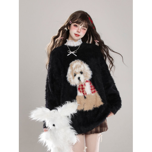 卡通小狗馬海毛套頭毛衣女秋冬新款慵懶風軟糯水貂絨休閒針織上衣