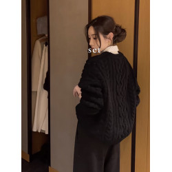 高級感黑色麻花浣熊絨毛衣女秋冬季加厚寬松慵懶風套頭針織衫上衣