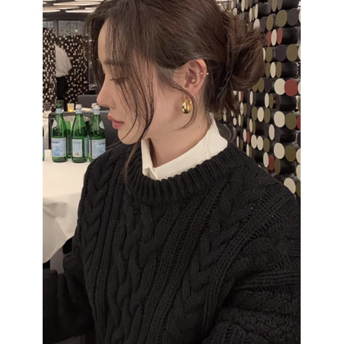 高級感黑色麻花浣熊絨毛衣女秋冬季加厚寬松慵懶風套頭針織衫上衣