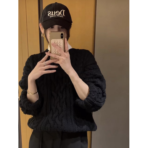 高級感黑色麻花浣熊絨毛衣女秋冬季加厚寬松慵懶風套頭針織衫上衣