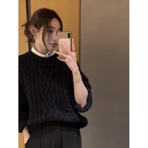 高級感黑色麻花浣熊絨毛衣女秋冬季加厚寬松慵懶風套頭針織衫上衣