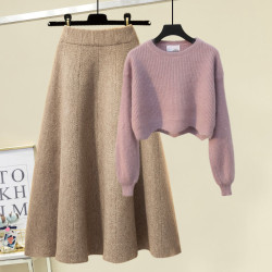 大碼女春秋職業套裝裙胖mm顯瘦遮肉減齡白色毛衣針織半身裙兩件套