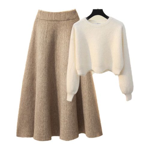 大碼女春秋職業套裝裙胖mm顯瘦遮肉減齡白色毛衣針織半身裙兩件套