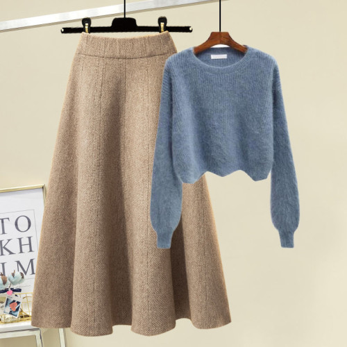 大碼女春秋職業套裝裙胖mm顯瘦遮肉減齡白色毛衣針織半身裙兩件套