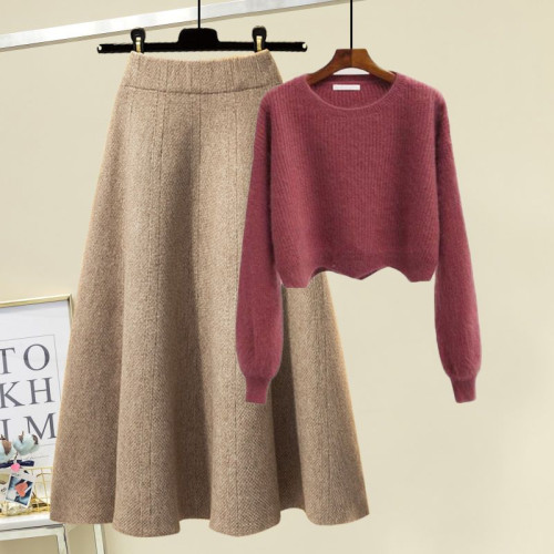 大碼女春秋職業套裝裙胖mm顯瘦遮肉減齡白色毛衣針織半身裙兩件套