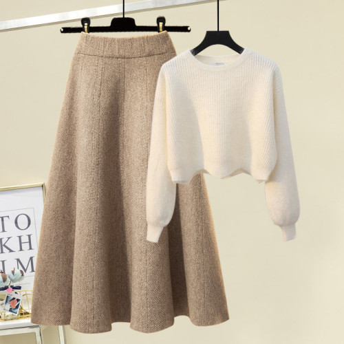 大碼女春秋職業套裝裙胖mm顯瘦遮肉減齡白色毛衣針織半身裙兩件套