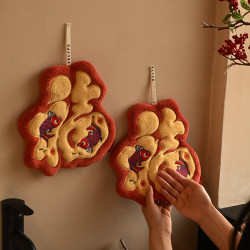 福字擦手巾雙魚掛式廚房抹布春節紅色吸水加厚新年喜慶擦手帕