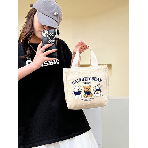 新款小熊帆布手提包上班族便當包學生大容量飯盒袋簡約手提袋女