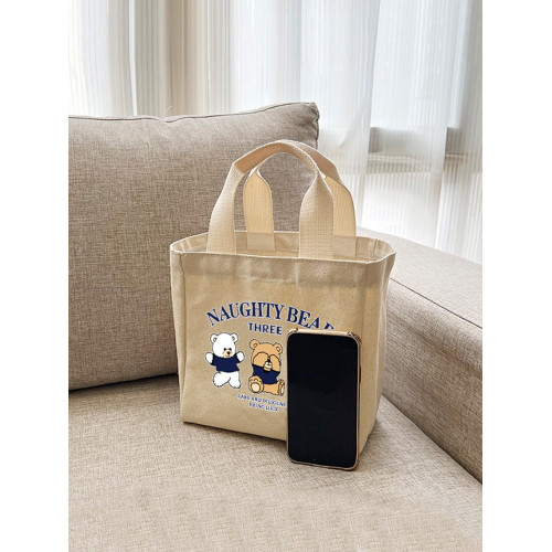 新款小熊帆布手提包上班族便當包學生大容量飯盒袋簡約手提袋女