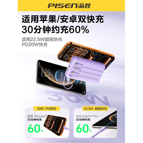 新國標3C認證可登機品勝行動電源2026新款20000安培30W快充自帶四線