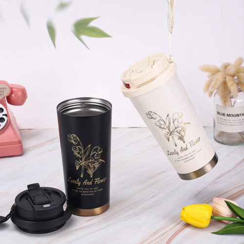2025鈴蘭花咖啡杯316不鏽鋼保溫杯吸琯杯車用高顔值保溫水杯