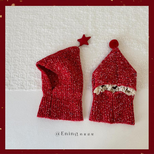 聖誕新年兒童帽子圍巾披肩一體嬰童男女寶寶秋冬季護耳保暖精霛帽