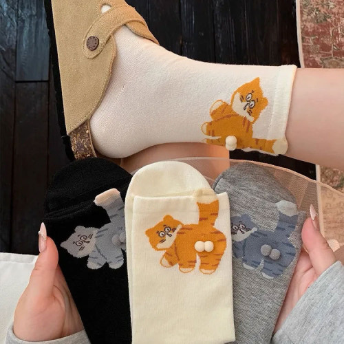 可愛貓咪襪子女士秋冬新款中筒襪韓版立體卡通高顔值外穿長襪