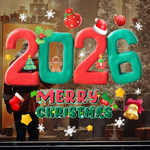 愛客JD4645聖誕節卡通彩色2026數字英文字母窗貼 商場裝飾靜電貼