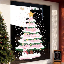 2026新年聖誕節裝飾玻璃貼紙粉色雪花聖誕樹靜電貼窗貼窗花門貼畫