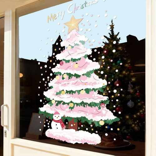2026新年聖誕節裝飾玻璃貼紙粉色雪花聖誕樹靜電貼窗貼窗花門貼畫