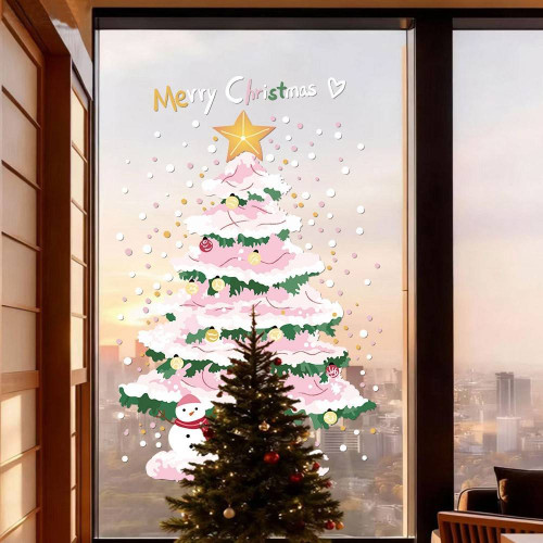 2026新年聖誕節裝飾玻璃貼紙粉色雪花聖誕樹靜電貼窗貼窗花門貼畫