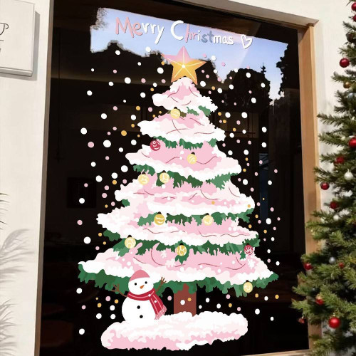 2026新年聖誕節裝飾玻璃貼紙粉色雪花聖誕樹靜電貼窗貼窗花門貼畫