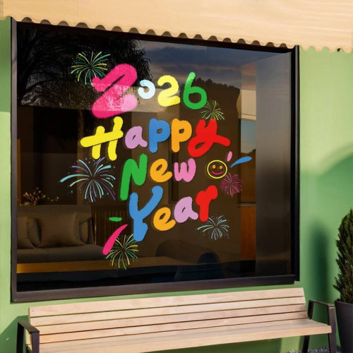 馬年靜電玻璃門貼2026元旦HappyNewYear商場櫥窗氛圍裝飾布置窗花