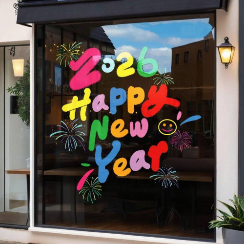 馬年靜電玻璃門貼2026元旦HappyNewYear商場櫥窗氛圍裝飾布置窗花