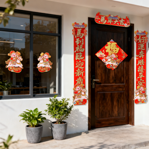 對聯2026馬年植絨春聯過年卡通福字立體毛絨馬上發財家用門貼布置