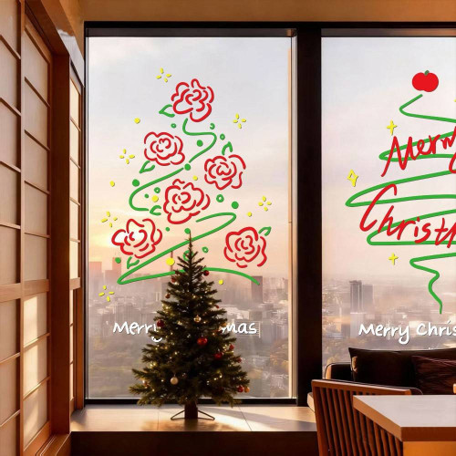 2026抽象聖誕節聖誕樹聖誕快樂字母窗花貼玻璃貼櫥窗裝飾靜電貼紙