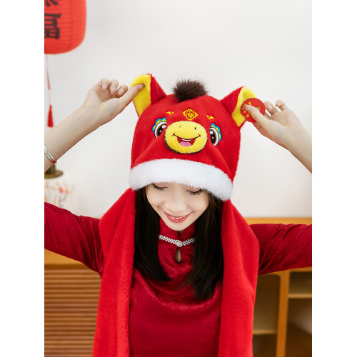 2026馬年吉祥物毛絨帽子圍巾手套三件套一體護耳保暖