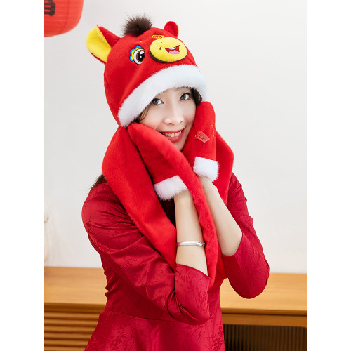 2026馬年吉祥物毛絨帽子圍巾手套三件套一體護耳保暖