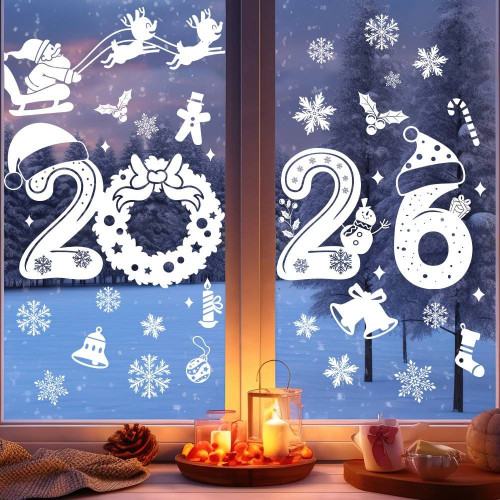 愛客JD4642聖誕節2026白色鈴鐺雪花窗貼 節日室內玻璃門窗靜電貼