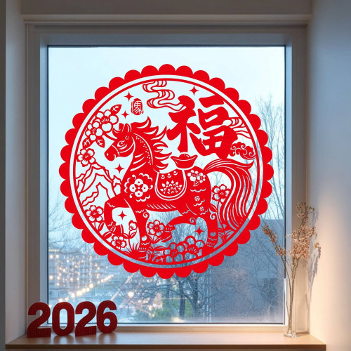 元旦氣氛裝飾2026馬年裝飾靜電貼新中式國風福字窗花玻璃貼紙