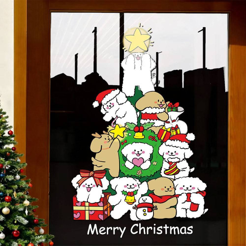 2026新年聖誕節線條小狗聖誕樹裝飾窗花春節元旦玻璃門貼紙窗貼畫