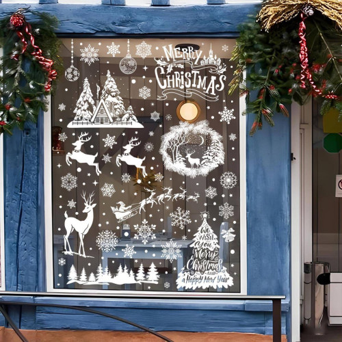 2026新款聖誕節靜電窗貼白色聖誕樹吊球聖誕雪花聖誕派對裝飾品
