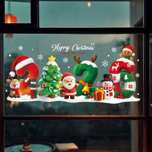夢幻2026聖誕節裝飾雪人玻璃貼紙商場玻璃門貼創意聖誕老人靜電貼